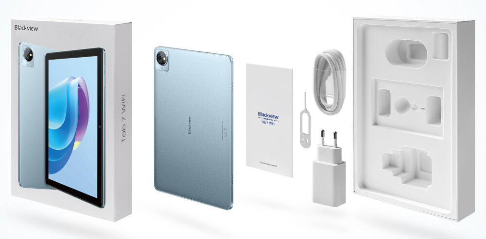Tablet BLACKVIEW Tab rozdzielczość rdzenie przekątna czujniki aparat głośnik czas pracy procesor transmisja danych waga wifi pamięć złącza zestaw