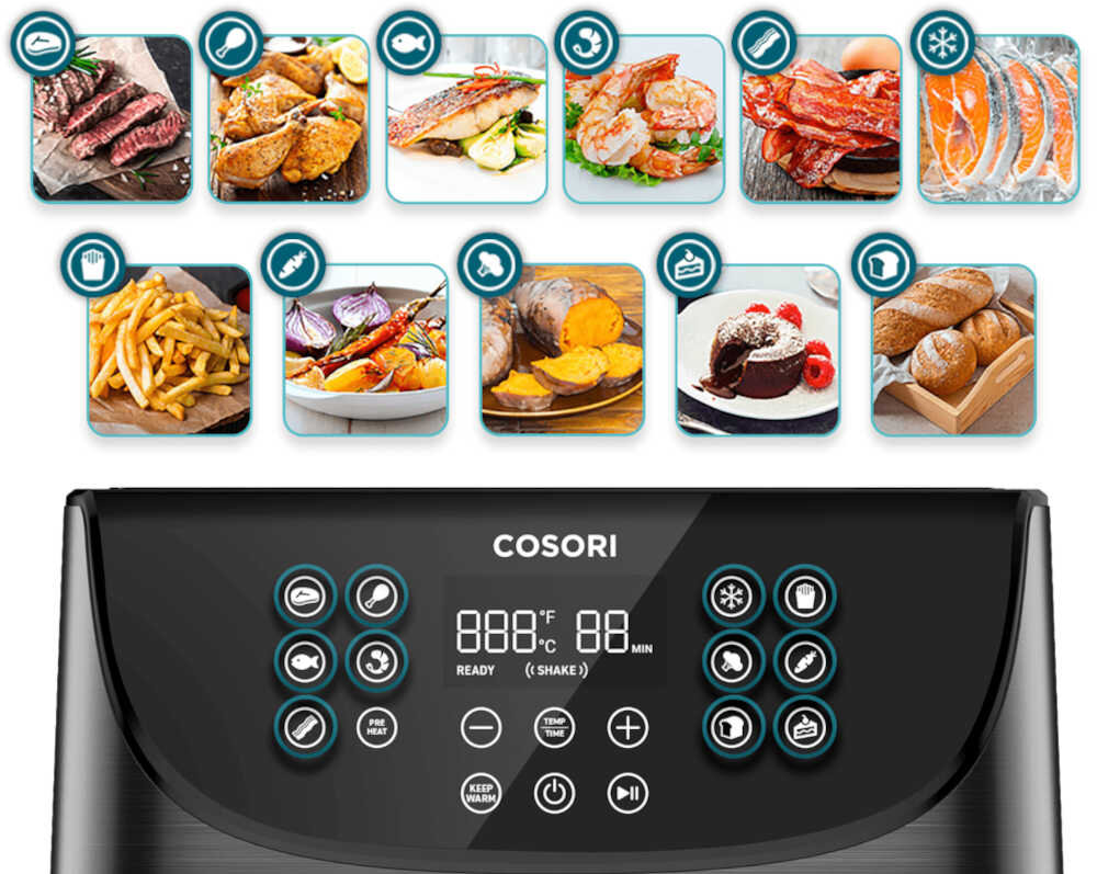 Frytkownica beztluszczowa COSORI CP158-AF-RXB Czarny Air Fryer 11 automatycznych programow Opcja PREHEAT Funkcja KEEP WARM