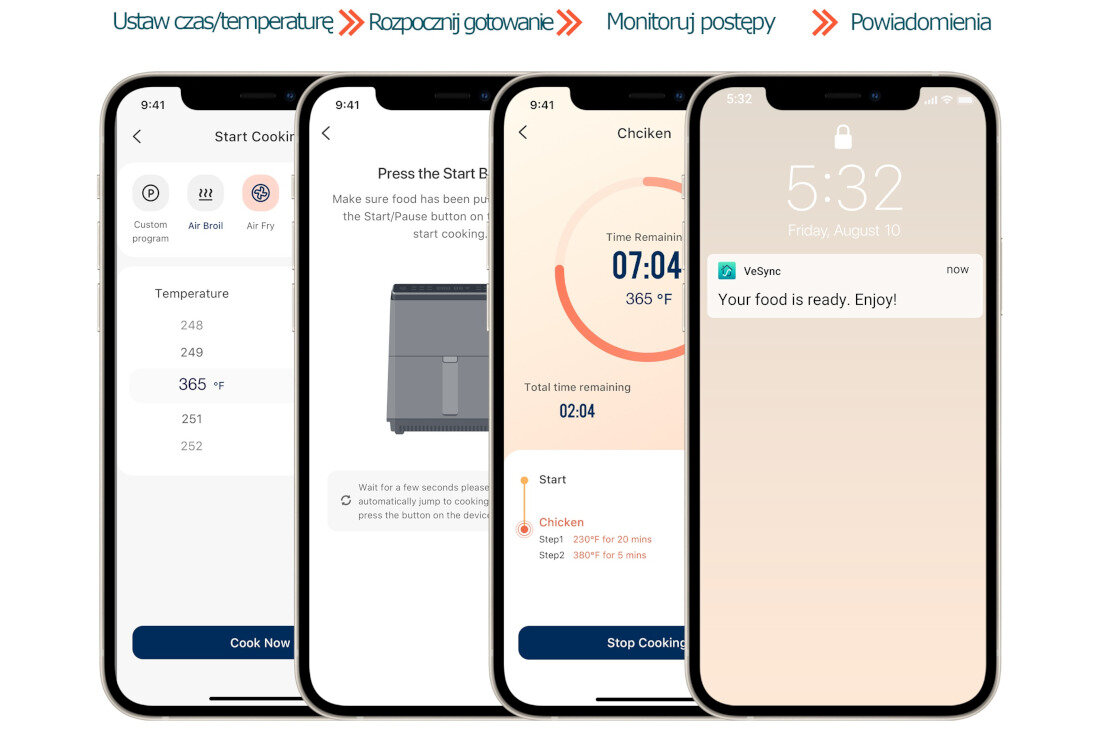 Frytkownica beztluszczowa COSORI CAF-P681S-KEUR sterowanie telefonem glosem asystent google amazon alexa darmowa aplikacja VeSenc
