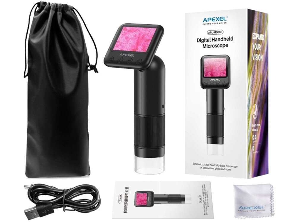 Mikroskop cyfrowy APEXEL MS008 LCD opakowanie zawartość zestaw