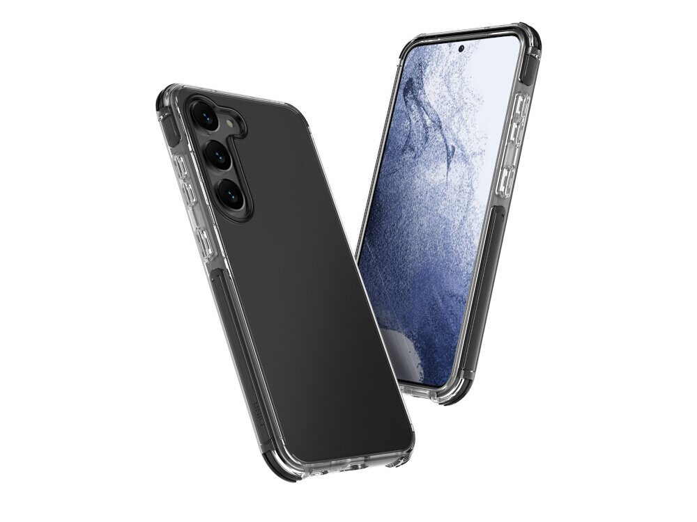 Dwa smartfony w przezroczystych etui, jeden z widocznym ekranem, drugi z widocznym tyłem z trzema aparatami. Etui ma czarne elementy ochronne na rogach.