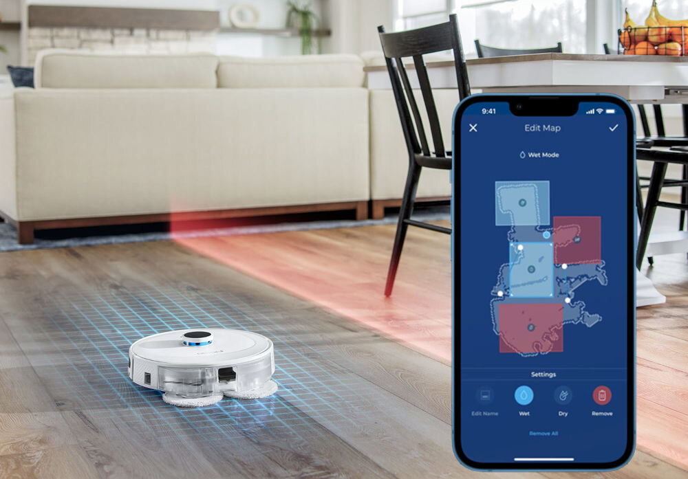 Robot sprzątający BISSELL SpinWave R5 Pet 3552N aplikacja Android iOS pełna kontrola stworzenie wirtualnej mapy dostosowanie szybkośfci ssania planowanie sprzątania prosty interfejs pomieszczenia so sprzątania lub pomijania zarządzanie porządkami łatwiejsze życie bardziej zorganizowane