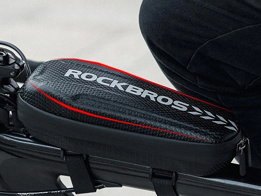 Torba na kierownicę ROCKBROS B62-1 Czarny, wodoodporność, zamek, deszcz, ochrona, Sztywna sakwa na ramie roweru z logo Rockbros.