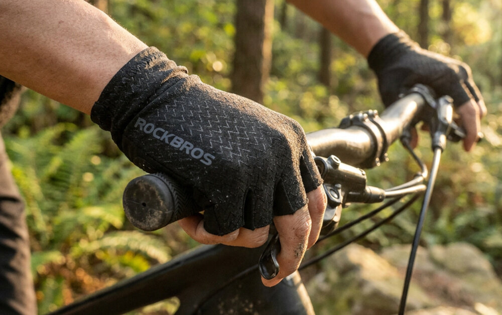 Osoba trzyma kierownicę roweru, nosząc czarne rękawiczki z napisem \'ROCKBROS\'. W tle widać zalesiony teren.
