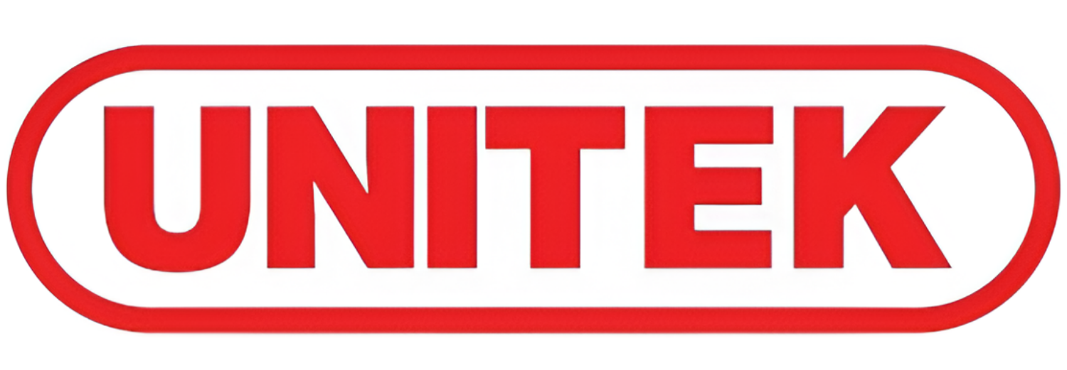 Logo z napisem \'UNITEK\' w czerwonym kolorze, otoczone czerwonym obramowaniem owalnym.