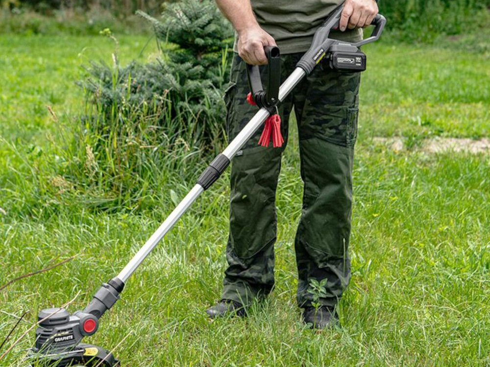 Podkaszarka akumulatorowa GRAPHITE 58G030 zasilanie akumulatorowe akumulator z serii Energy+ kompatybilna z bateriami litowo-jonowymi o napieciu 18 V efektywna praca