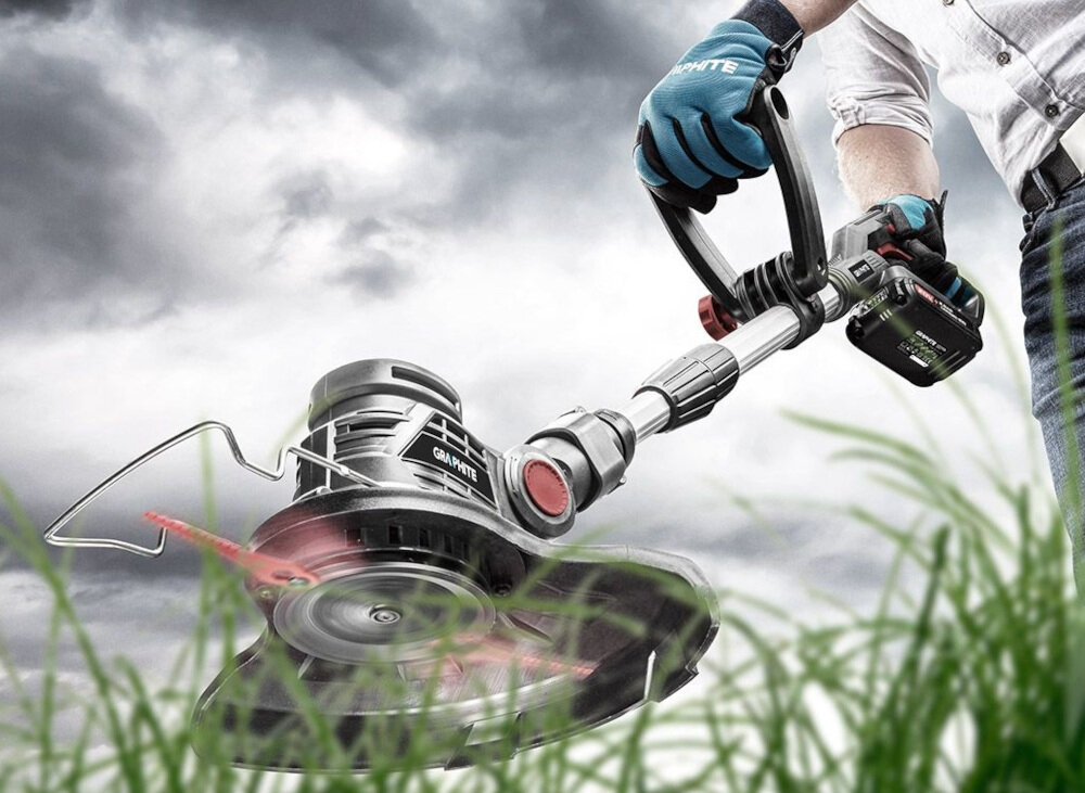 Podkaszarka akumulatorowa GRAPHITE 58G030 polimerowe noze bardzo wytrzymale glowica regulowana w poziomie i pionie predkosc do 9000 obr/min