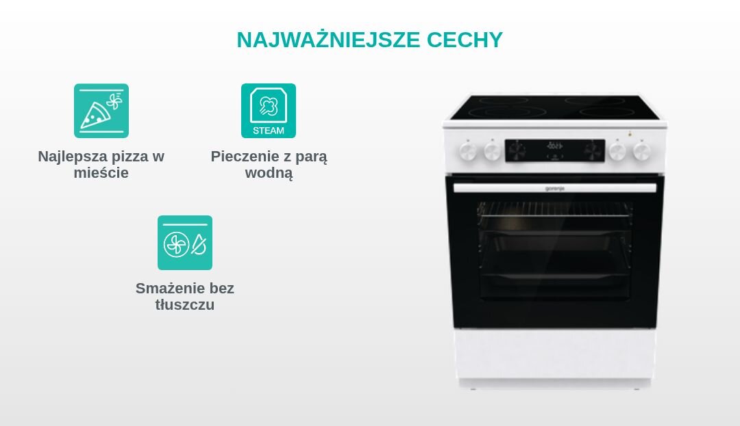 KUCHNIA GORENJE GECS6C70WC Grafika produktowa z kuchnią wolnostojącą Gorenje po prawej stronie oraz trzema turkusowymi piktogramami po lewej, opisanymi jako „Najlepsza pizza w mieście”, „Stabilne i trwałe ruszty” i „Łatwe wysuwanie blach” pod nagłówkiem „NAJWAŻNIEJSZE CECHY”