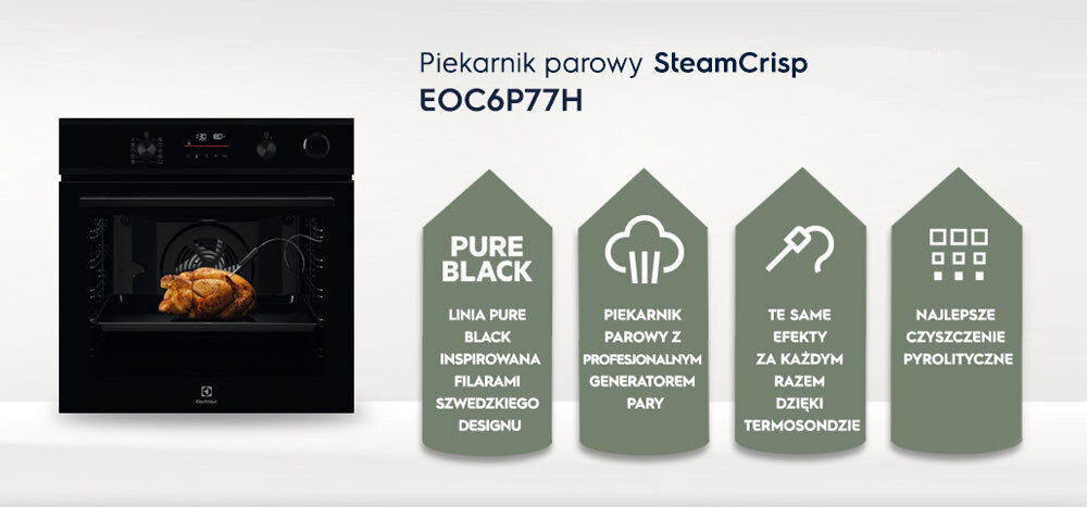 Obraz przedstawia czarny piekarnik parowy z pieczonym kurczakiem w środku. Obok znajdują się cztery ikony z tekstami: \'PURE BLACK LINIA PURE BLACK INSPIROWANA FILARAMI SZWEDZKIEGO DESIGNU\', \'PIEKARNIK PAROWY Z PROFESJONALNYM GENERATOREM PARY\', \'TE SAME EFEKTY ZA KAŻDYM RAZEM DZIĘKI TERMOSONDZIE\', \'NAJLEPSZE CZYSZCZENIE PYROLITYCZNE\'.