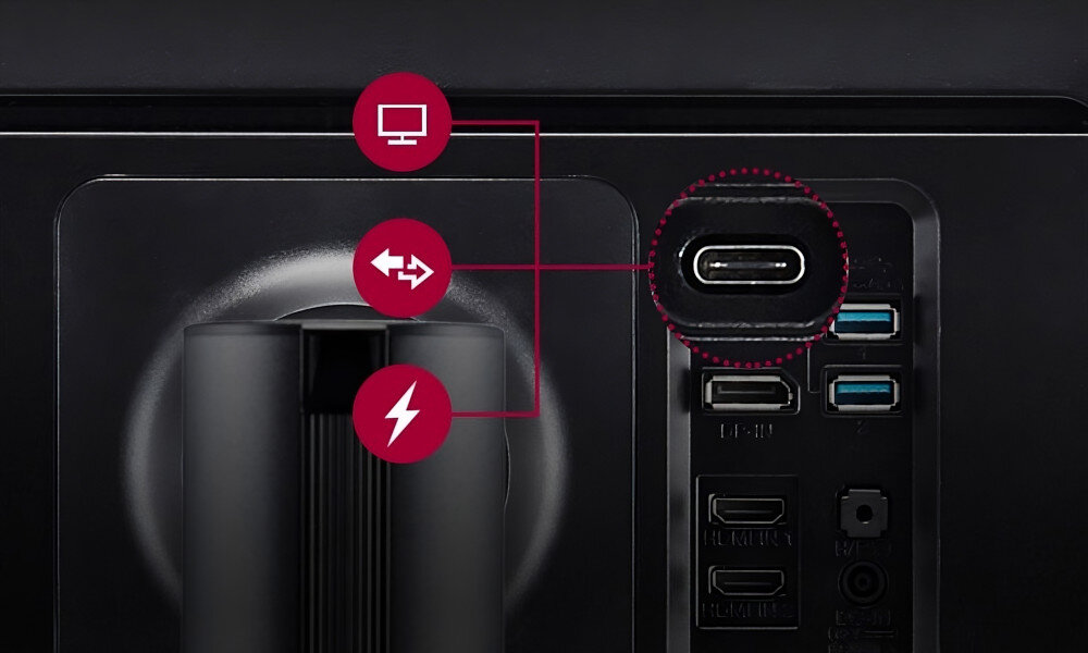 Monitor LG UltraFine 27UN880P-B złącza porty podłączenie gniazda zasilanie
