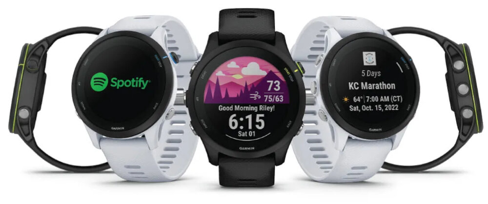 SMARTWATCH GARMIN Forerunner 255 Music ekran bateria czujniki zdrowie sport pasek ładowanie pojemność rozdzielczość łączność sterowanie krew puls rozmowy smartfon aplikacja