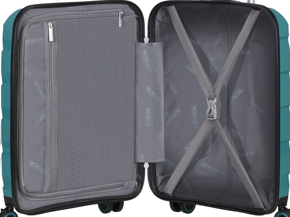 Walizka AMERICAN TOURISTER Air Move 55 cm turkusowy taśmy krzyżowe przekładka z podszewką kieszeń na zamek