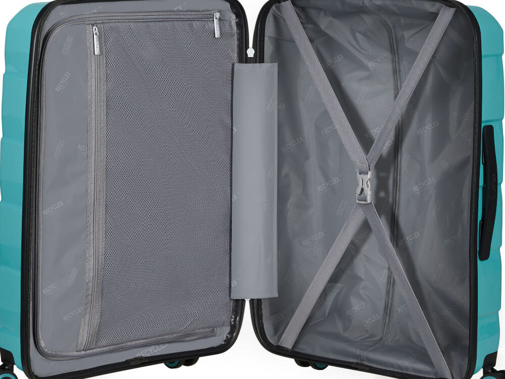 Walizka AMERICAN TOURISTER Air Move 66 cm Turkusowy taśmy krzyżowe przekładka z podszewką kieszeń na zamek