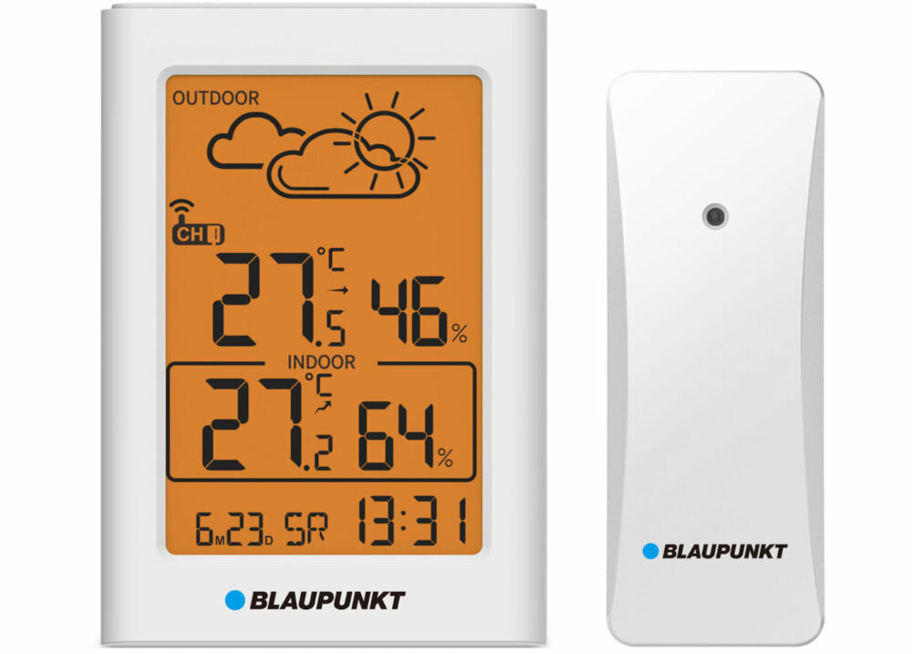 Stacja pogody BLAUPUNKT WS15WH dokładne informacje o temperaturze wilgotności wewnątrz na zewnątrz wbudowany czujnik dodatkowy bezprzewodowy sensor sprawdzanie warunków atmosferycznych czytelny wyświetlacz LCD aktualne dane graficzna prognoza pogody trendy pogody strzałki w góre w dół