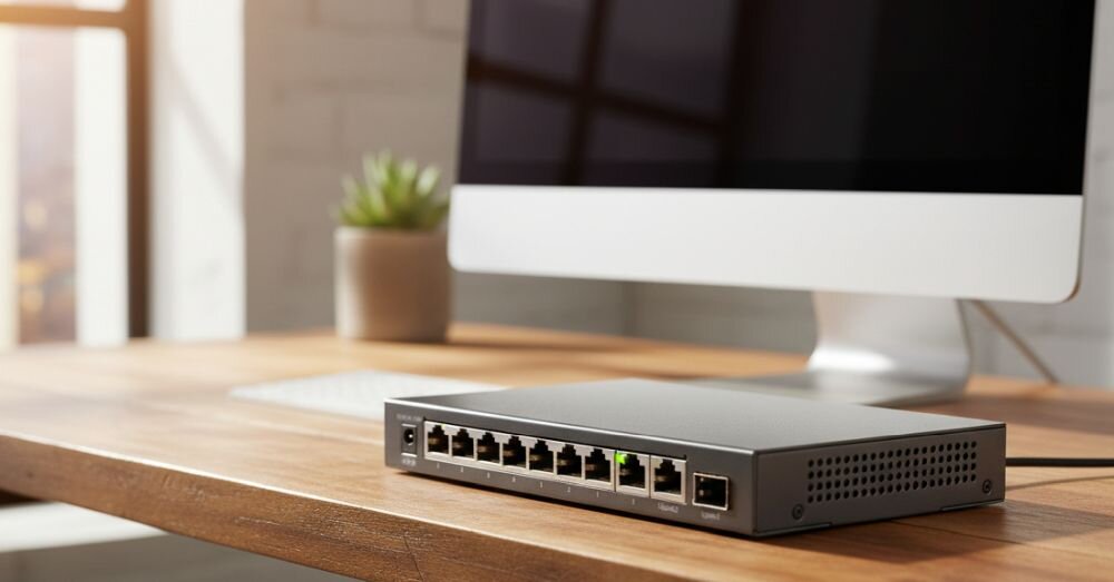 Przełącznik TP-Link Omada Gigabit Ethernet stoi na biurku podczas zarządzania siecią w  biurze.