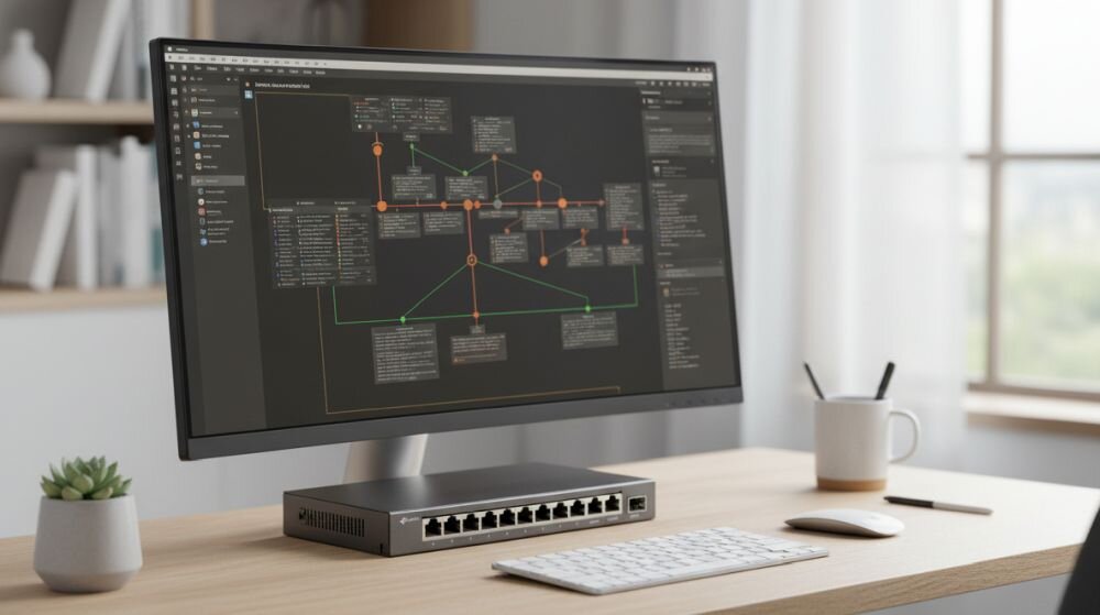 Przełącznik TP-Link Omada Gigabit Ethernet pracuje obok monitora podczas konfiguracji infrastruktury sieciowej w biurze