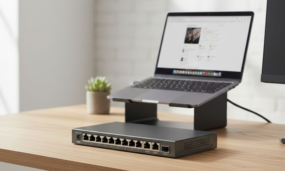Przełącznik TP-Link Omada Gigabit Ethernet znajduje się na stanowisku administratora sieci w centrum IT.. 