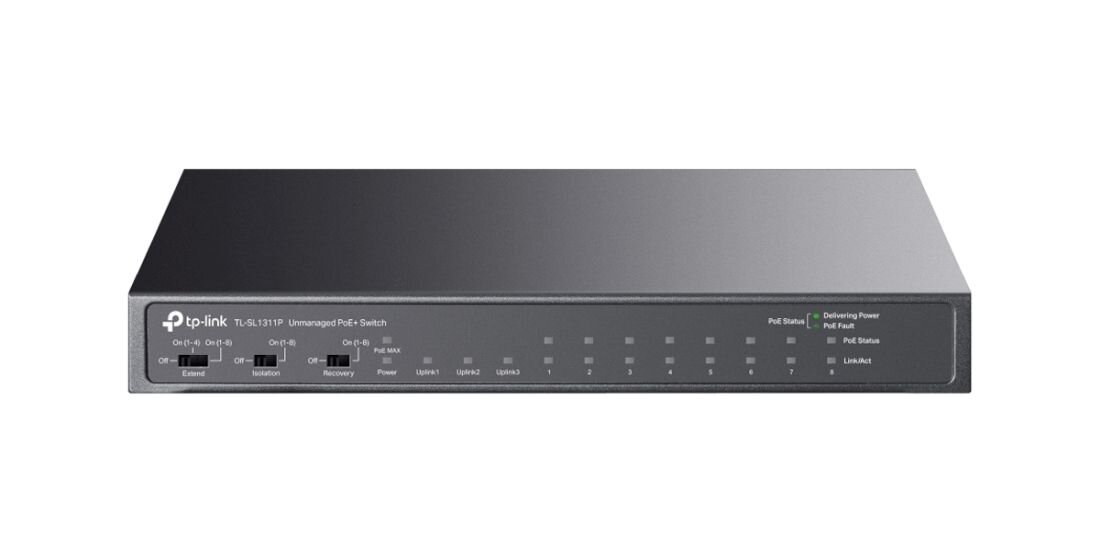 Przełącznik TP-Link Omada z portami Gigabit Ethernet prezentuje panel złączy sieciowych na jasnym tle.