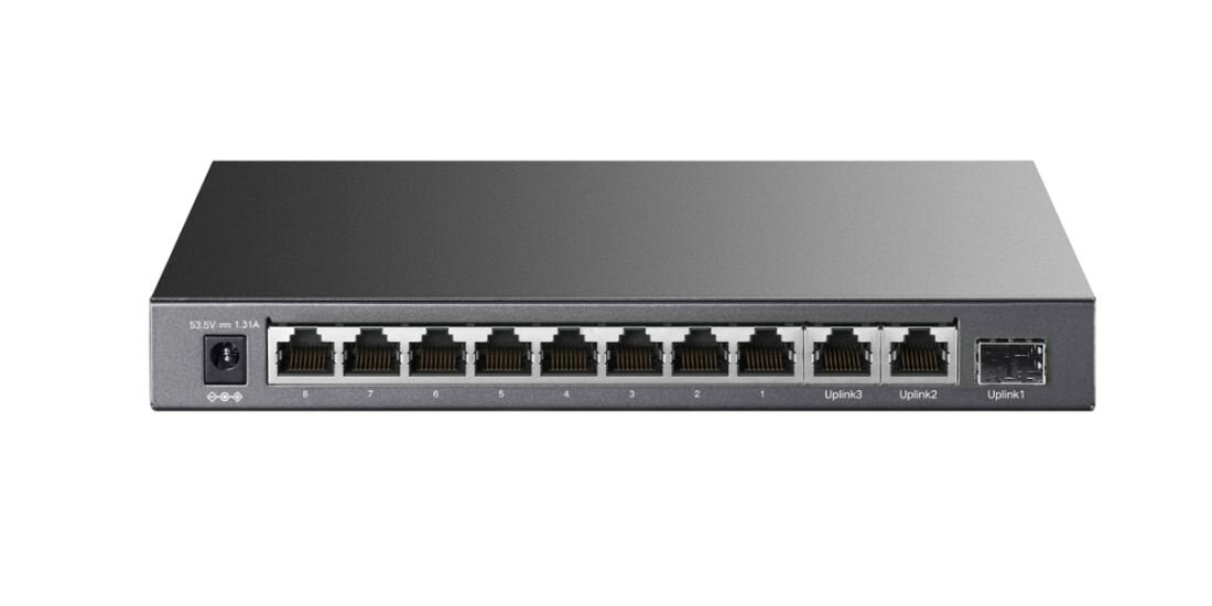 Przełącznik TP-Link Omada pokazuje tylny panel z gniazdem zasilania i otworami wentylacyjnymi na jasnym tle
