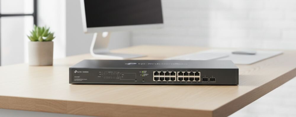 Router TP-LINK Omada Multi-Gigabit VPN Gateway stoi na biurku obok laptopa podczas zarządzania siecią w biurze.