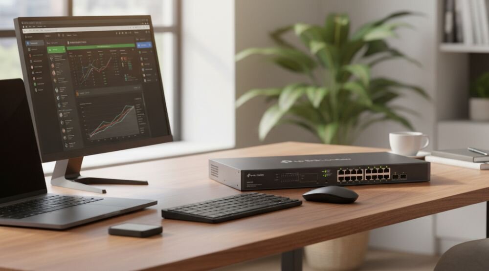 Router TP-LINK Omada Multi-Gigabit VPN Gateway pracuje z punktem dostępowym Wi‑Fi podczas zarządzania siecią firmową