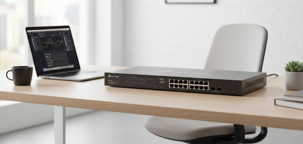 Router TP-LINK Omada VPN Gateway stoi na biurku obok notatnika podczas zarządzania siecią firmową w nowoczesnym biurze.