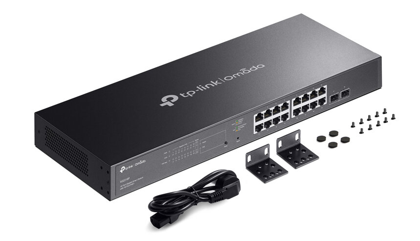 Router TP-LINK Omada ER7406 z akcesoriami montażowymi prezentuje kompletny zestaw do instalacji w szafie Rack