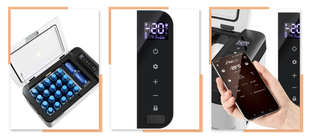 Lodowka YOLCO WX18 Panel sterowania z czytelnym ekranem nadajnik Bluetooth 5.0 aplikacja Yolco zalety polkrywa antyposlizgowa