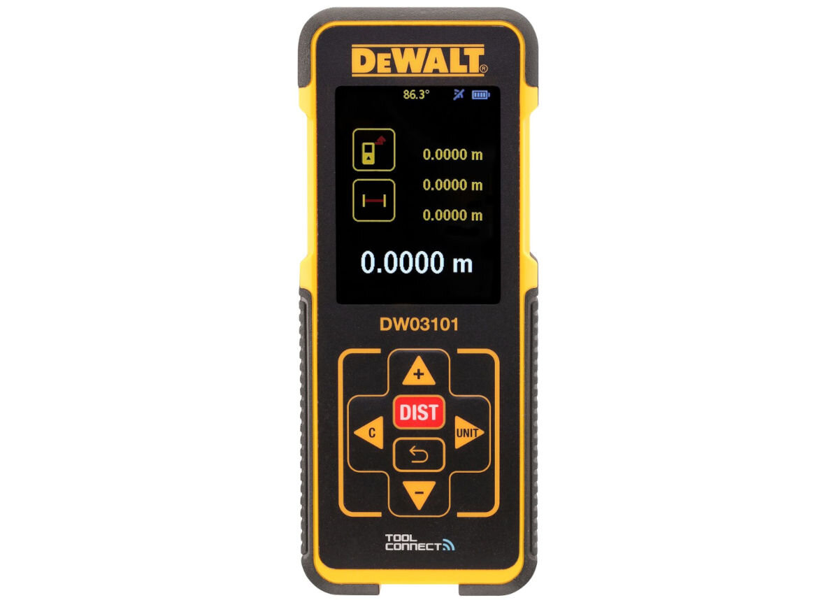 Dalmierz laserowy DEWALT DW03101-XJ 100m, waga, wymiary, operowanie, pochylenie, na biały tle na frontem na wprost z włączonym wyświetlaczem dalmierz