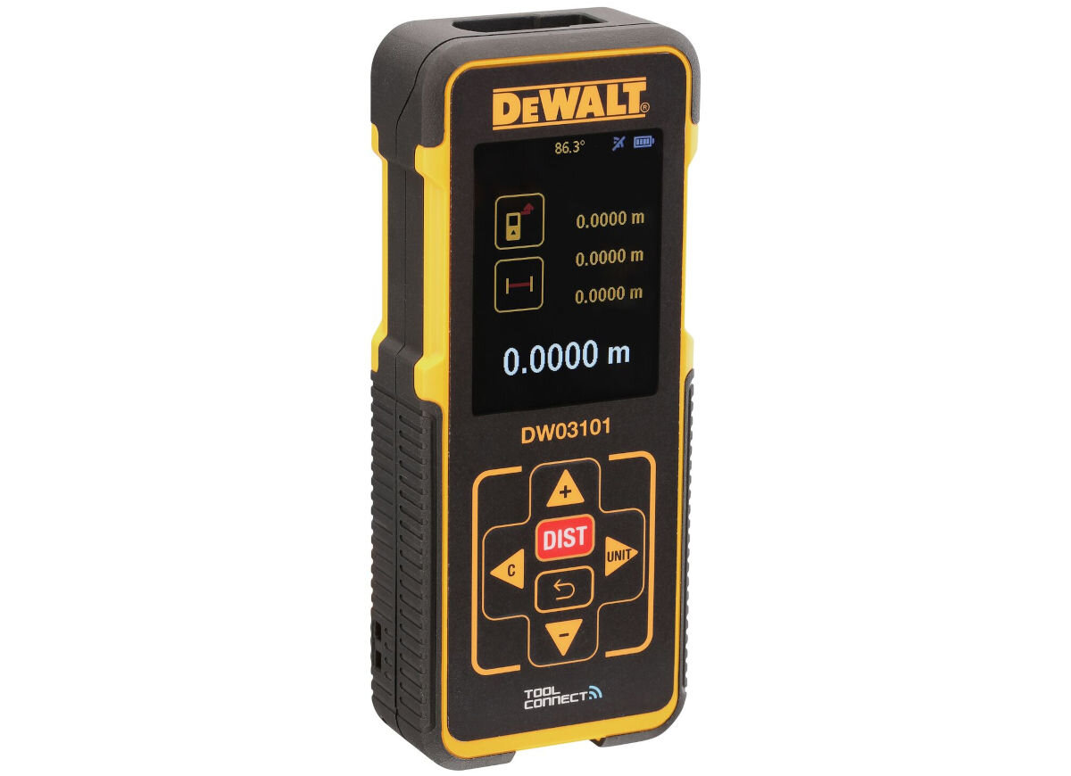 Dalmierz laserowy DEWALT DW03101-XJ 100m, wyświetlacz, LCD, czytelność, wypukłe, na białym tle dalmierz frontem lewo skos
