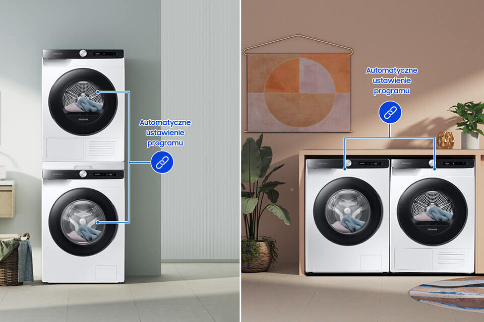 Obraz przedstawia dwie konfiguracje pralek i suszarek w jasnych wnętrzach. Na obu zdjęciach widoczny jest napis \'Automatyczne ustawienie programu\'.