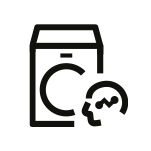 Czarna ikona przedstawiająca pralkę z bąbelkami obok.