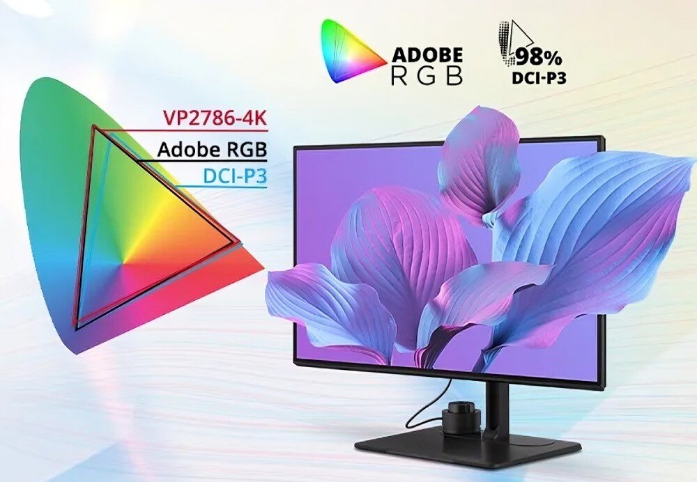 Monitor VIEWSONIC VP Series VP2786-4K Monitor prezentujący grafikę 3D z dużymi, fioletowo-niebieskimi liśćmi oraz trójkątne wykresy przestrzeni kolorów Adobe RGB i DCI-P3 z oznaczeniami 100% i 98%, kolory, dokładność