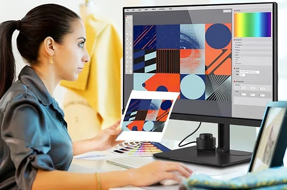 Monitor VIEWSONIC VP Series VP2786-4K Kobieta w biurze porównuje wydruk z grafiką wyświetloną na ekranie monitora, na biurku widoczne próbki kolorów i przyrząd do kalibracji, kalibracja, parametry