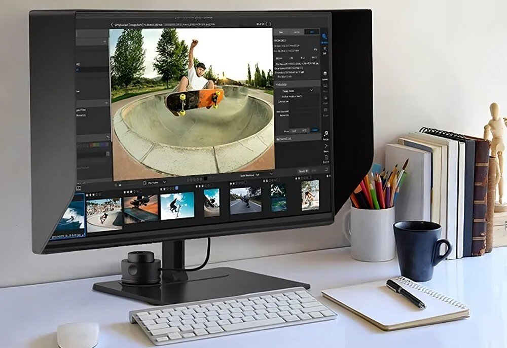 Monitor VIEWSONIC VP Series VP2786-4K Monitor na biurku z zamontowaną osłoną przeciwsłoneczną, wyświetlający zdjęcie deskorolkarza; na blacie ołówki, kubek, notatnik i klawiatura, jednolity obraz