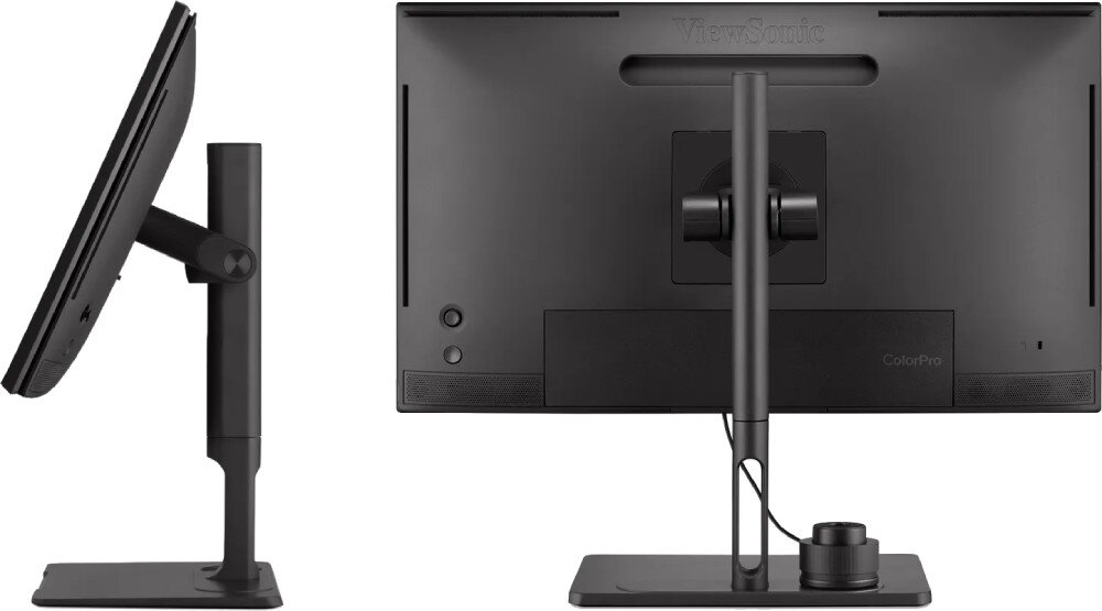 Monitor VIEWSONIC VP Series VP2786-4K Widok monitora z boku i z tyłu; ekran na regulowanej podstawie, z widocznymi otworami montażowymi i zainstalowanym ColorPro Wheel na podstawie, podstawa, regulacja, mocowanie VESA, głośniki