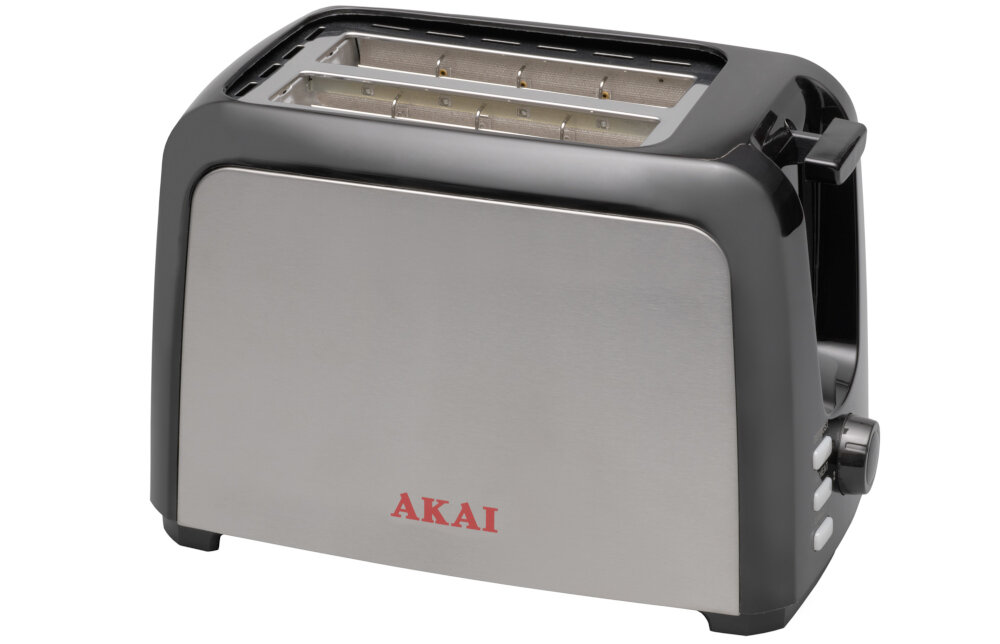 Toster AKAI ATO-310 Inox na dwie kromki chleba moc 750W funkcja ponownego podgrzewania opiekanie rozmrazanie design prezentacja