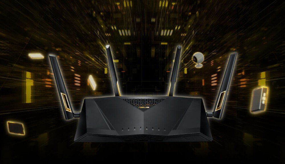 Router ASUS RT-AX88U Pro Czarne urządzenie sieciowe widziane od przodu, wokół dynamiczne złote elementy symbolizujące transmisję danych, pasma, sieć, przepustowość