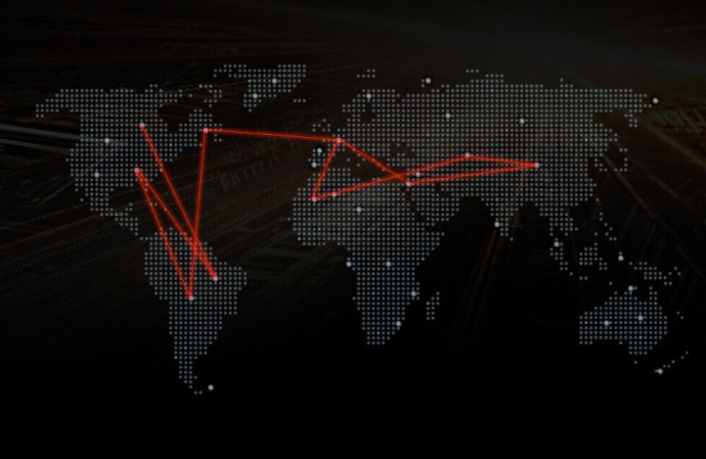 Router ASUS RT-AX88U Pro Mapa świata w ciemnych barwach z zaznaczonymi czerwonymi liniami połączeń pomiędzy kontynentami, funkcje dla graczy, opóźnienie