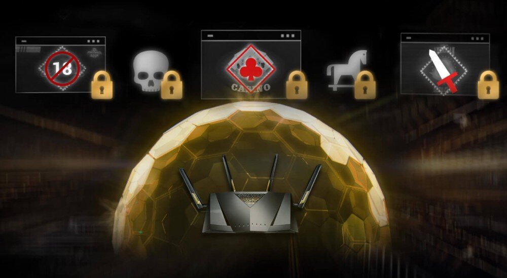 Router ASUS RT-AX88U Pro Urządzenie sieciowe otoczone złotą kulistą tarczą ochronną, nad nim ikony symbolizujące blokadę stron i zagrożeń internetowych, ochrona, zabezpieczenia, kontrola rodzicielska