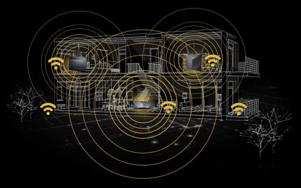 Router ASUS RT-AX88U Pro Schemat domu w przekroju z kilkoma urządzeniami sieciowymi, wokół nich rozchodzące się koncentryczne fale Wi-Fi w kolorze złotym, system mesh, kompatybilność, spójna sieć