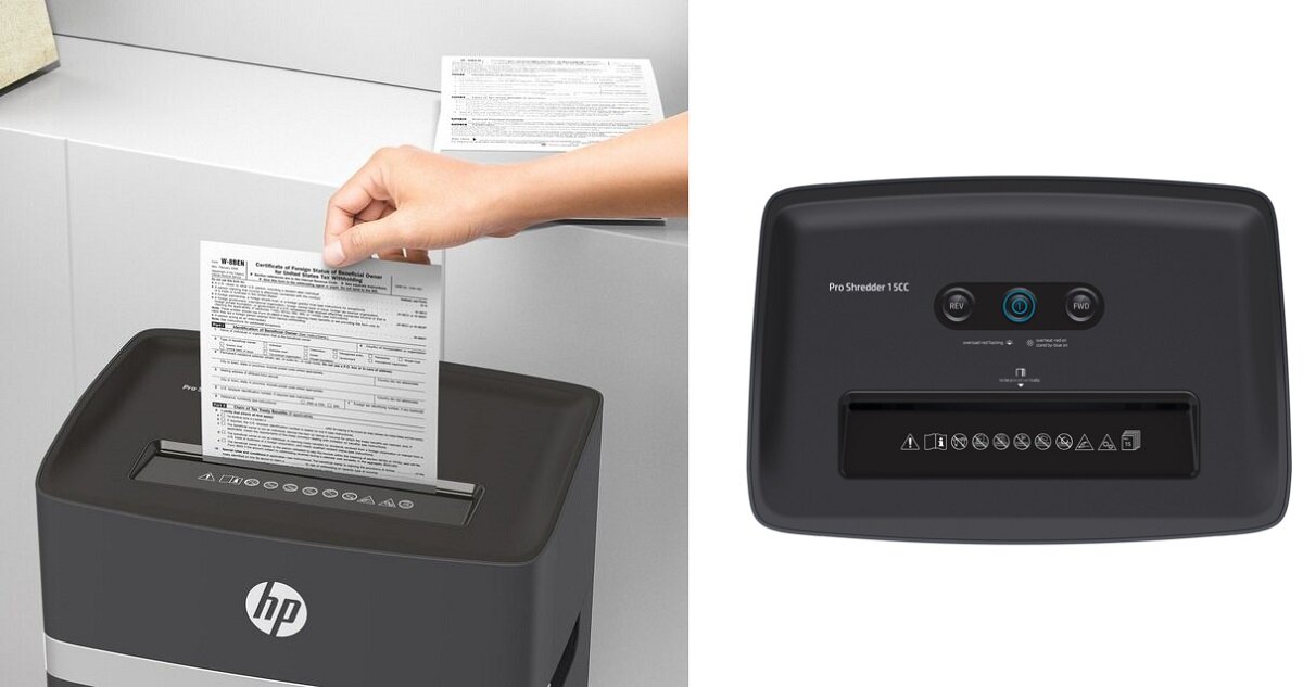 Niszczarka HP Pro Shredder 15CC wymiary Funkcja cofania Karty kredytowe papier spinacze zszywki pojemny kosz wyposażenie