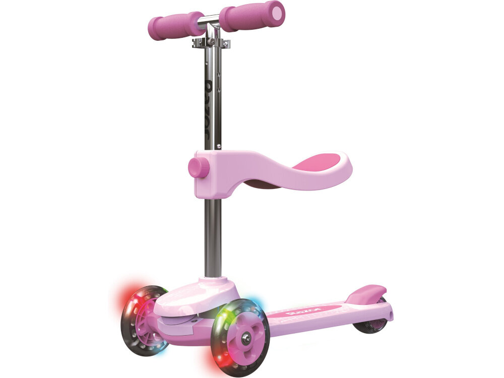 Hulajnoga dla dzieci RAZOR Rollie 2w1 20073668 Różowy hulajnoga na bialym tle widoczna pod skosem niepowtarzalny design funkcjonalnosc frajda z jazdy ergonomiczna konstrukcja solidne materialy dla dzieci od wieku 2,5 lat rozowa rozwoj koordynacji ruchowej rownowagi koordynacji dla dziewczynek i chlopcow
