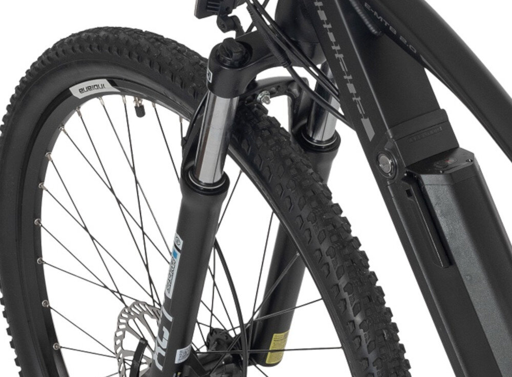 Rower elektryczny INDIANA E-MTB 2.0 M21 29 cali męski Czarno-szary rower typu hardtail przedni amortyzator marki SUNTOUR typ XCT HLO DS 29 ulatwia najezdzanie na przeszkody niweluje wstrzasy na kierownicy niska masa roweru duza sztywnosc regulacja za pomoca stalowej sprezyny