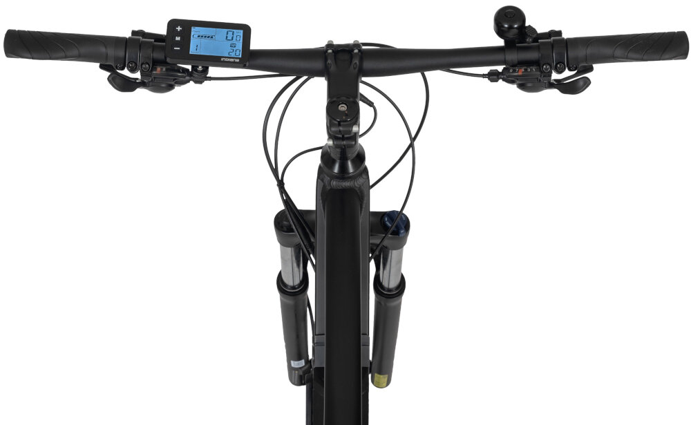 Rower elektryczny INDIANA E-MTB 2.0 M21 29 cali męski Czarno-szary kierownica antyposlizowy material na manetkach wyswietlacz LCD parametry czas jazdy przebyty dystans dzwonek