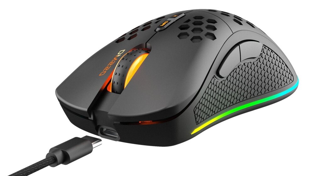 Mysz DELTACO Gam-120 RGB Mysz lekkość przewodowa bezprzewodowa podświetlenie działanie konstrukcja przyciski konfiguralne sensor optyczny połączenie rozgrywka komfort
