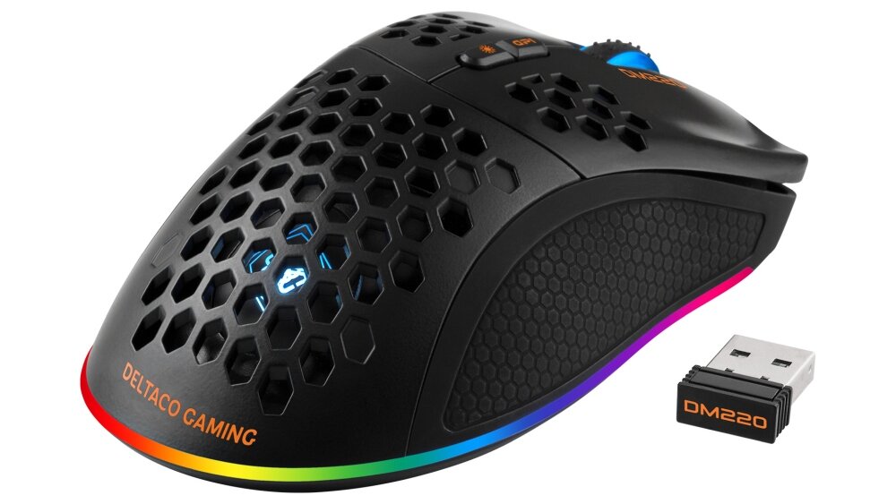 Mysz DELTACO Gam-120 RGB Mysz lekkość przewodowa bezprzewodowa podświetlenie działanie konstrukcja przyciski konfiguralne sensor optyczny połączenie rozgrywka komfort