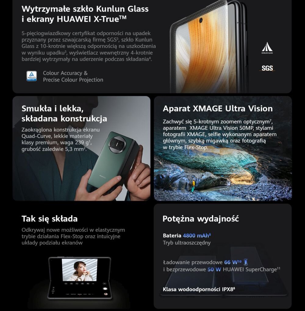 Smartfon HUAWEI Mate X3 ekran bateria aparat procesor ram pamięć pojemność rozdzielczość zdjęcia filmy opis dane cechy blokady system łączność wifi bluetooth obudowa szkło odporność porty muzyka transfer sieć przekątna matryca waga czujniki oled amoled ips