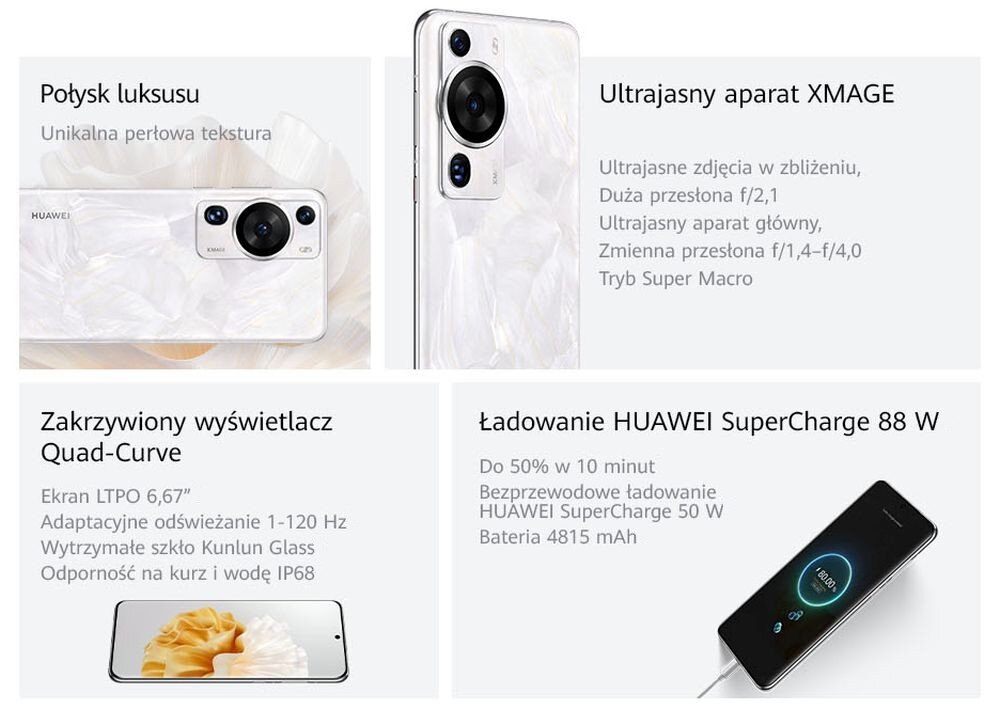 Smartfon HUAWEI P60 Pro ekran bateria aparat procesor ram pamięć pojemność rozdzielczość zdjęcia filmy opis dane cechy blokady system łączność wifi bluetooth obudowa szkło odporność porty muzyka transfer sieć przekątna matryca waga czujniki oled amoled ips