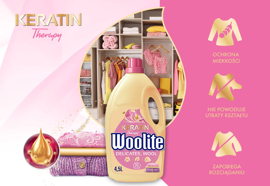Płyn do prania WOOLITE Keratin Therapy główne zalety